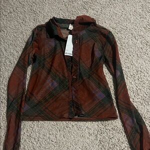 NWT Urban Outfitters Sheer Plaid Button Down Top Medium | See Through Mesh Y2K